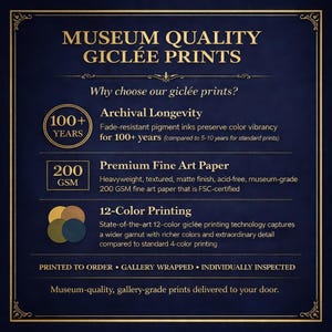 May include: A navy blue graphic with gold text that reads "MUSEUM QUALITY GICL&Eacute;E PRINTS." The graphic highlights archival longevity, premium fine art paper, and 12-color printing. The text also states that the prints are printed to order and gallery wrapped.