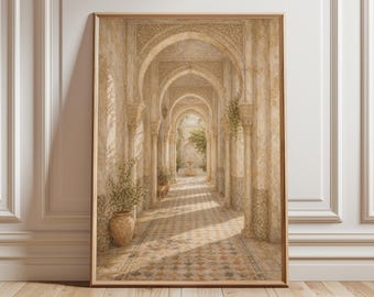 Stampa artistica da parete con arco moresco andaluso, poster del corridoio dell'Alhambra, decorazione di architettura islamica, arte d'interni di palazzo spagnolo