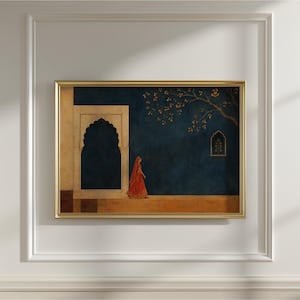 May include: A framed wall art print featuring a person in a vibrant red garment walking along a tan walkway. The scene includes a dark blue wall, a large arched doorway, a small decorative window, and a tree branch with golden leaves in a gold frame.