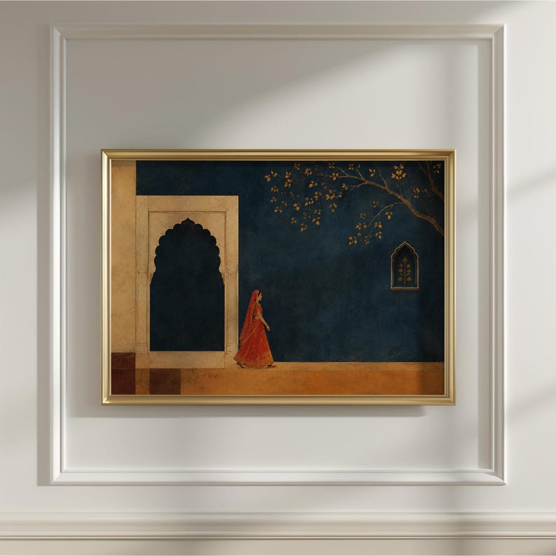 May include: A framed wall art print featuring a person in a vibrant red garment walking along a tan walkway. The scene includes a dark blue wall, a large arched doorway, a small decorative window, and a tree branch with golden leaves in a gold frame.