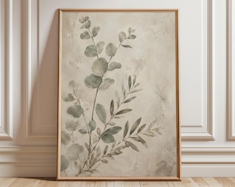Eukalyptus Olivenzweig Gemälde, Botanisches Badezimmer Wandbild, Neutral Spa Wanddekoration, Sage Beige Luxus Badezimmer Kunst