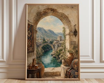 Lámina decorativa de Mostar, Bosnia; póster del puente Stari Most; pintura de viaje estilo boho; arte paisajístico de los Balcanes; decoración mediterránea neutra.