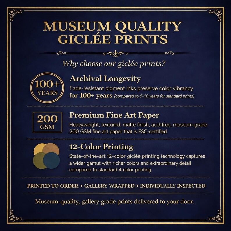 May include: A navy blue graphic with gold text that reads "MUSEUM QUALITY GICL&Eacute;E PRINTS." The graphic highlights archival longevity, premium fine art paper, and 12-color printing. The text also mentions museum-quality prints delivered to your door.