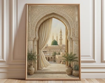 Medina Arch Wall Art Print, Masjid Nabawi Green Dome Artwork, Islamic Architecture Decor, Mosque View Painting
