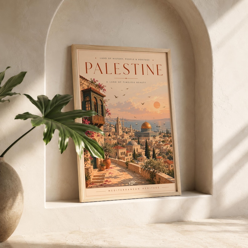 May include: A framed art print featuring a warm-toned illustration of a cityscape with a golden-domed building, stone architecture, and pink flowers. The text reads PALESTINE, LAND OF HISTORY, PEOPLE & HERITAGE, A LAND OF TIMELESS BEAUTY, MEDITERRANEAN HERITAGE.