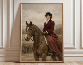 Victorian Equestrian Portrait Print, British Horse Riding Art, Female Rider Wall Art, Fox Hunting Style, English Countryside Painting