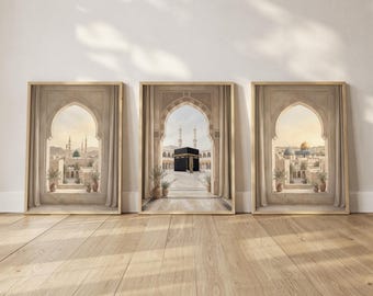 Islamic Wall Art Set of 3, Medina Kaaba and Masjid Al Aqsa Wall Decor, Arabic Arch Window Prints, Muslim Home Decor, Ramadan Eid Gift
