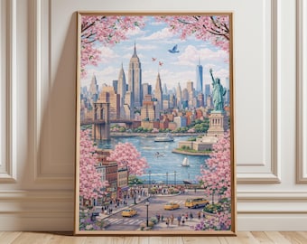 New York Poster | Statue of Liberty & Brooklyn Bridge Print | Pastel NYC Wall Art | USA Spring Decor | New York Skyline | Travel Gift