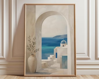 Mediterranean Arch Wall Art, Santorini Minimal Print, Neutral Coastal Decor, Blue Sea View Poster, Japandi Style Wall Art