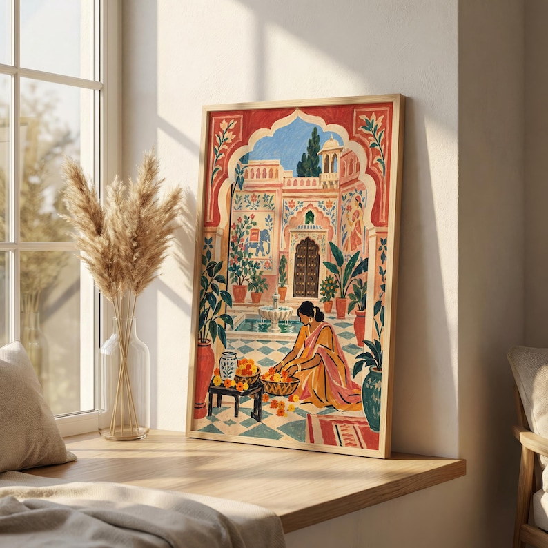 May include: A rectangular wall art print featuring a colorful illustration of a person in a yellow sari kneeling in a courtyard with a fountain, potted plants, and an arched doorway. The scene includes orange flowers, a blue elephant mural, and red accents.