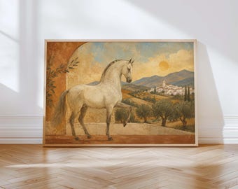 Cuadro de caballo andaluz, lámina de caballo español, arte campestre español, decoración de pared mediterránea, arte de Andalucía, lámina de fresco vintage