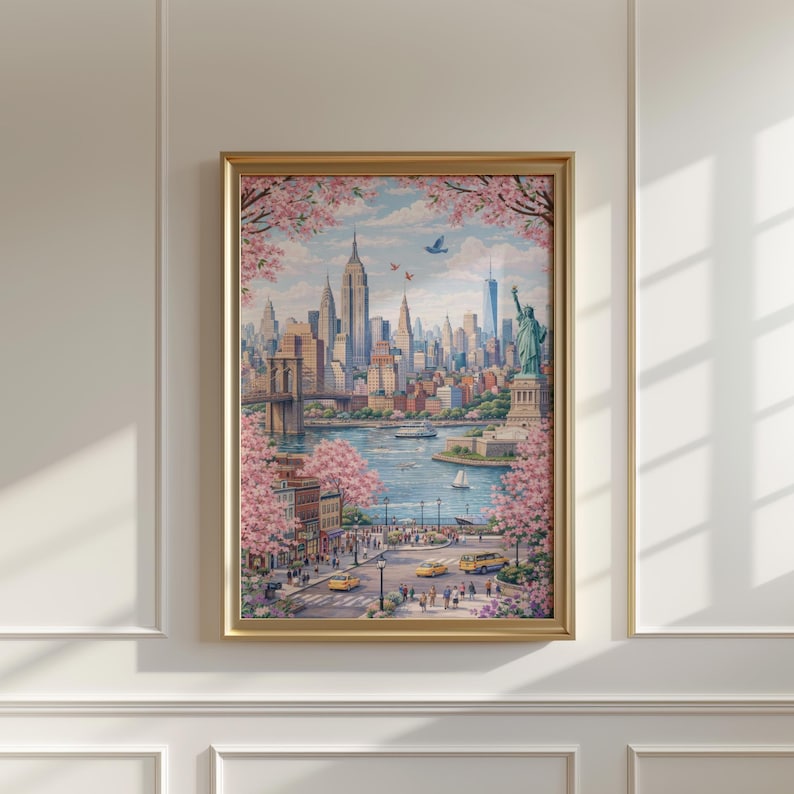 Op de afbeelding: Een ingelijste prent van een New Yorkse stadsgezicht, met het Empire State Building, het Vrijheidsbeeld en de Brooklyn Bridge. Het kunstwerk is ingelijst in een gouden lijst en bevat roze kersenbloesems.