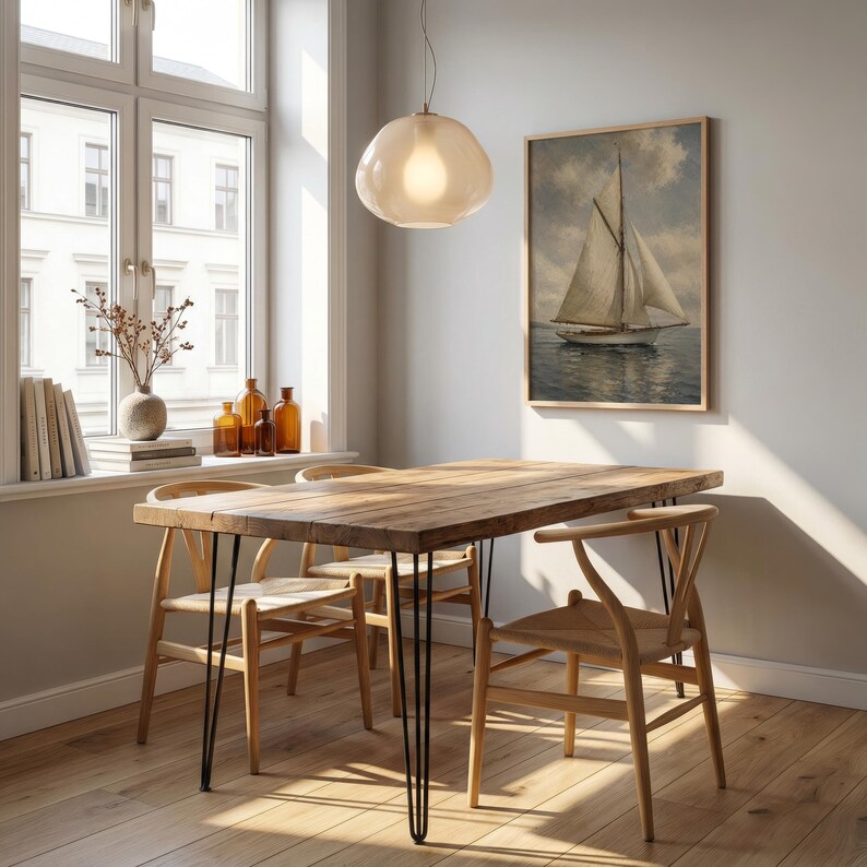 May include: A dining room scene featuring a wooden table with black hairpin legs and four wooden chairs. A framed painting of a sailboat hangs on the wall. A light fixture hangs above the table, and a window with a view is visible.