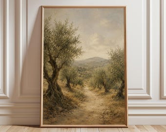 Olive Tree Wall Art, Large Mediterranean Landscape Print, Neutral Olive Grove Canvas, Tuscan Living Room Decor