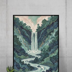 May include: A framed art print depicting a waterfall cascading into a winding river. The artwork features a palette of blues, greens, and touches of pink, with detailed illustrations of trees and foliage. The print is displayed on a concrete wall.