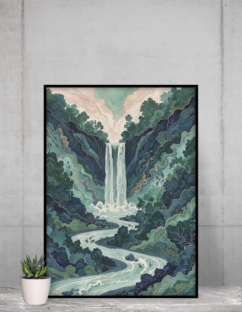 May include: A framed art print depicting a waterfall cascading into a winding river. The artwork features a palette of blues, greens, and touches of pink, with detailed illustrations of trees and foliage. The print is displayed on a concrete wall.