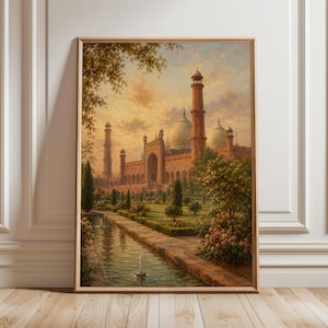 Pode incluir: Impressão emoldurada de uma grande mesquita com minaretes e cúpulas, contra um céu de pôr do sol. A obra de arte apresenta um curso de água e jardins em primeiro plano, com detalhes arquitetônicos.