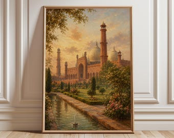 Könnte beinhalten: Gerahmter Kunstdruck einer großen Moschee mit Minaretten und Kuppeln vor einem Sonnenuntergangshimmel. Das Kunstwerk zeigt ein Wasserspiel und Gärten im Vordergrund, mit detaillierten architektonischen Elementen.