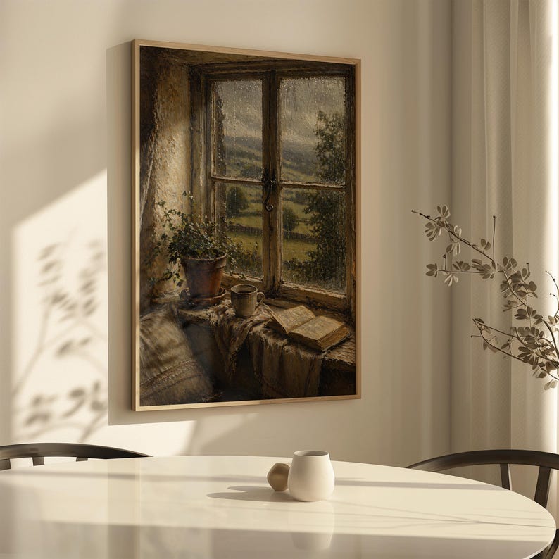 May include: A framed painting depicts a window scene with a view of a green landscape. A potted plant, a cup, and an open book sit on the windowsill. The painting has a warm, inviting color palette with a focus on natural light and shadow.