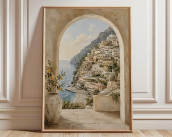 Positano Italy Wall Art Print, Amalfi Coast Archway Painting, Mediterranean Coastal Decor, Boho Italian Travel Poster, Lemon Villa Art