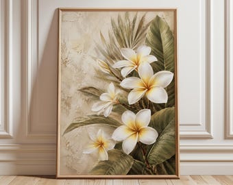 Hawajska plumeria, grafika ścienna, tropikalne dzieło botaniczne, neutralna sztuka kwiatowa w spa, wystrój kurortu na Hawajach, beżowa dekoracja ścienna z motywem kwiatowym