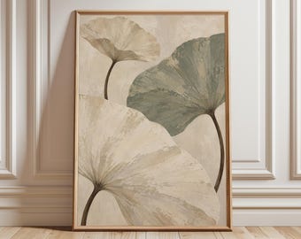 Ginkgo Leaf Art Print, Sage Green and Beige Botanical Wall Art, Neutral Japandi Decor