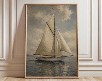 May include: A framed vintage-style painting of a sailboat on the water under a cloudy sky. The sailboat has white sails and a wooden hull. The artwork is in a wooden frame and is displayed against a white wall.