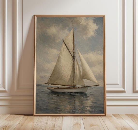 Vintage Sailboat Wall Art Print, Classic Sailing Boat Artwork, Coastal Office Decor, Nautical Seascape, Navy Cream Sea Poster