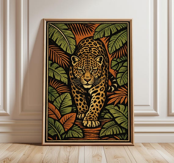Leopard Jungle Wall Art, Vintage Linocut Animal Print, Tropical Safari Decor, Bold Leopard Poster, Jungle Wall Decor