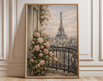 Paris Eiffel Tower Wall Art Print, Paris Balcony Roses Artwork, French Romantic Decor, Paris Window View, Paris Wall Art