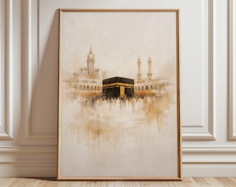 Kaaba muurkunst print, islamitisch mekka poster, neutraal moslim interieur, minimalistisch moskeekunstwerk, spirituele architectuurkunst
