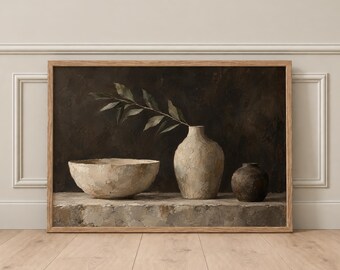 Japandi Still Life Art, Rustic Pottery Vase and Olive Branch, Wabi Sabi Wall Art, Earthy Neutral Kitchen Decor, Horizontal Botanical Print