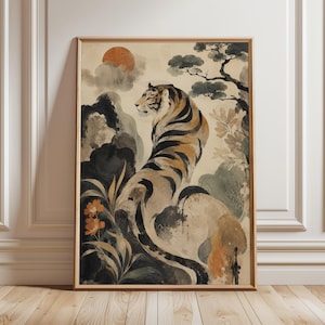 Arte mural de tigre coreano, estampado abstracto de tigre inspirado en Minhwa, póster de arte folclórico coreano, decoración asiática con tinta, arte mural de galería en tonos neutros.