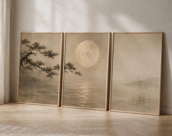 Japandi Wall Art Set of 3, Neutral Japanese Landscape Prints, Moon Wall Art, Pine Tree Prints, Beige Minimalist Triptych, Zen Decor