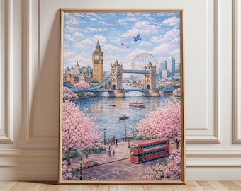 May include: A framed art print depicting a picturesque London scene. The artwork showcases the Tower Bridge, Big Ben, and the London Eye, with cherry blossoms and a red double-decker bus. The sky is blue with fluffy clouds.