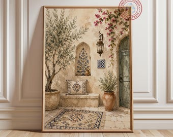 Palestinian Courtyard Wall Art Print, Neutral Islamic Decor, Olive Tree Watercolor Print, Middle Eastern Gallery Wall
