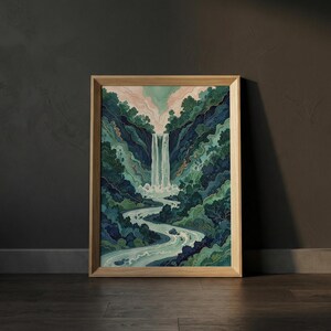 May include: A framed art print featuring a waterfall cascading into a winding river. The artwork showcases a vibrant palette of blues, greens, and touches of pink, depicting lush foliage and a serene landscape. The wooden frame adds a natural touch.