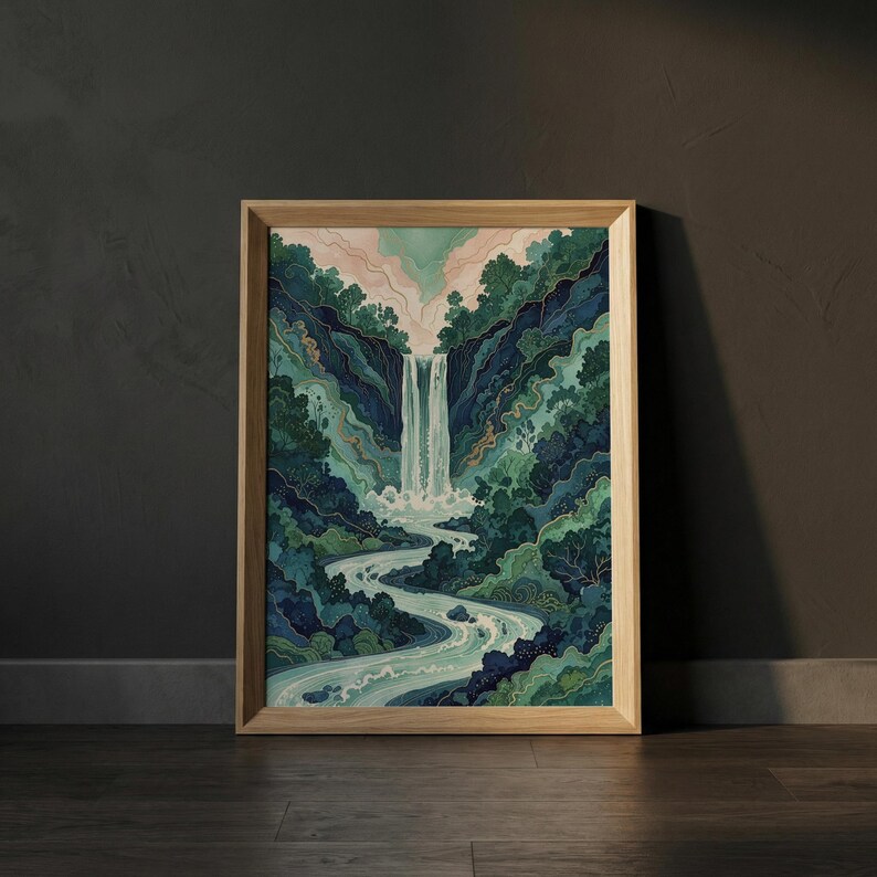 May include: A framed art print featuring a waterfall cascading into a winding river. The artwork showcases a vibrant palette of blues, greens, and touches of pink, depicting lush foliage and a serene landscape. The wooden frame adds a natural touch.