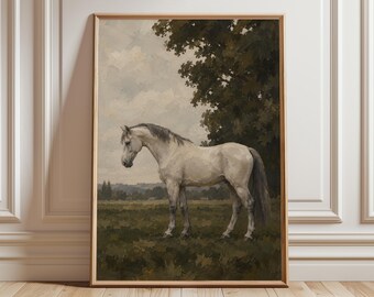 White Horse Art Print, Equestrian Wall Art, Olive Green Landscape, English Country House Decor