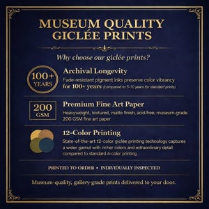 Op de afbeelding: Marineblauwe afbeelding met gouden tekst die gicl&eacute;e-prints van museumkwaliteit promoot. De tekst benadrukt archiefduurzaamheid, premium kunstdrukpapier en 12-kleuren-afdrukken. De prints worden op bestelling gedrukt.