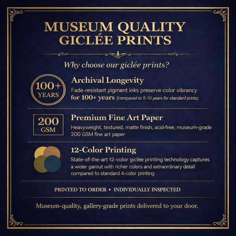 Op de afbeelding: Marineblauwe afbeelding met gouden tekst die gicl&eacute;e-prints van museumkwaliteit promoot. De tekst benadrukt archiefduurzaamheid, premium kunstdrukpapier en 12-kleuren-afdrukken. De prints worden op bestelling gedrukt.