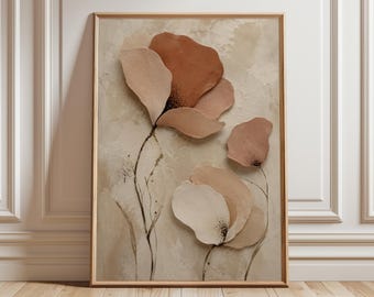 Mohnblumen Wand-Kunstdruck, Abstraktes Blumenplakat, Neutrales Terrakotta-Blumen-Kunstwerk, Beiges botanisches Wand-Dekor