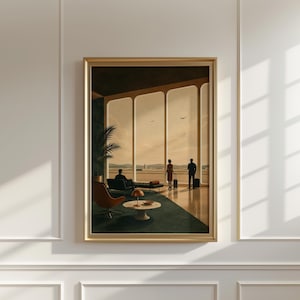 May include: A framed wall art print depicting a mid-century airport lounge interior with large windows overlooking a runway. The scene features silhouettes of three figures, a lounge chair, a coffee table with a lamp, and a potted plant.