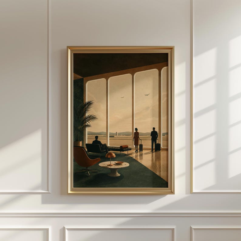 May include: A framed wall art print depicting a mid-century airport lounge interior with large windows overlooking a runway. The scene features silhouettes of three figures, a lounge chair, a coffee table with a lamp, and a potted plant.