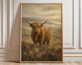 Estampado de vaca de las Tierras Altas, arte mural escocés, decoración rústica de granja, póster de ganado de las Tierras Altas, arte animal campestre de Misty Meadow.