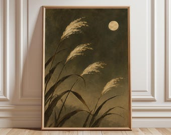 Japandi Pampas Grass Wall Art Print, Olive Green Botanical and Moon, Moody Nature Decor