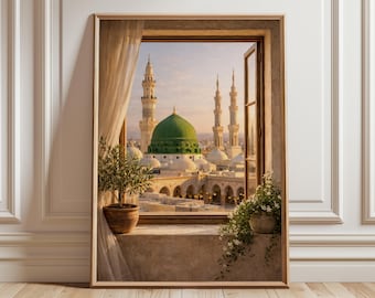 Medina Window View Print, Green Dome Wall Art, Al Masjid an Nabawi Poster, Islamic Wall Decor, Neutral Muslim Gift, Boho Beige Art