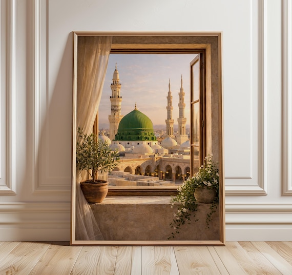 Medina Window View Print, Green Dome Wall Art, Al Masjid an Nabawi Poster, Islamic Wall Decor, Neutral Muslim Gift, Boho Beige Art