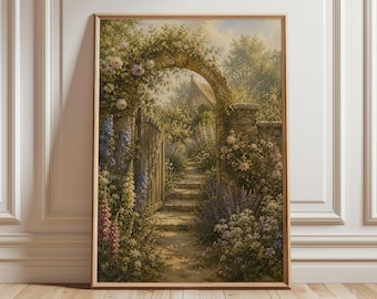 May include: A framed print of a garden scene. The artwork depicts a stone archway covered in flowers, leading to a path and a distant cottage. The scene is filled with lush greenery, flowers, and a wooden fence, creating a serene, vintage aesthetic.