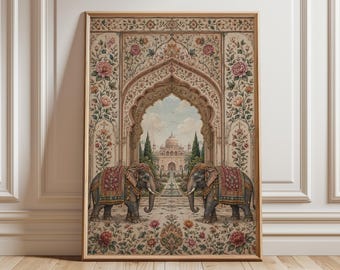 May include: Framed artwork featuring two elephants adorned with ornate blankets, standing before an archway. The archway frames a view of a palace and garden. The artwork is rich in floral patterns and warm colors.